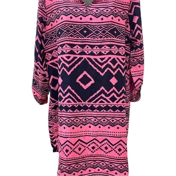 Pink Blush Magenta Navy Dress Aztec Tribal Print Shirt Style Roll Sleeve Small - Picture 2 of 11